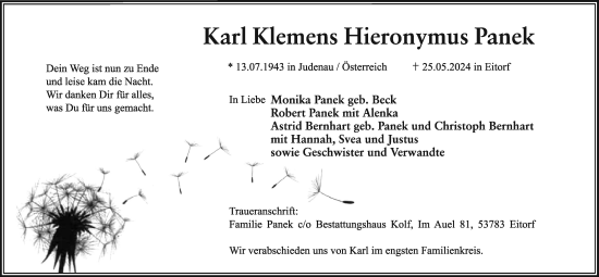 Anzeige von Karl Klemens Hieronymus Panek von Kölner Stadt-Anzeiger / Kölnische Rundschau / Express