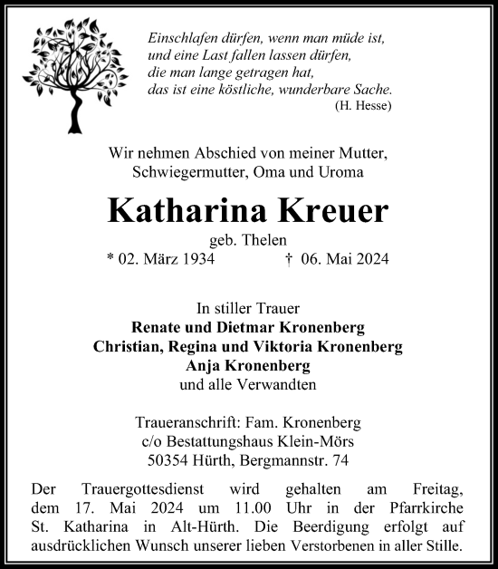 Anzeige von Katharina Kreuer von Kölner Stadt-Anzeiger / Kölnische Rundschau / Express