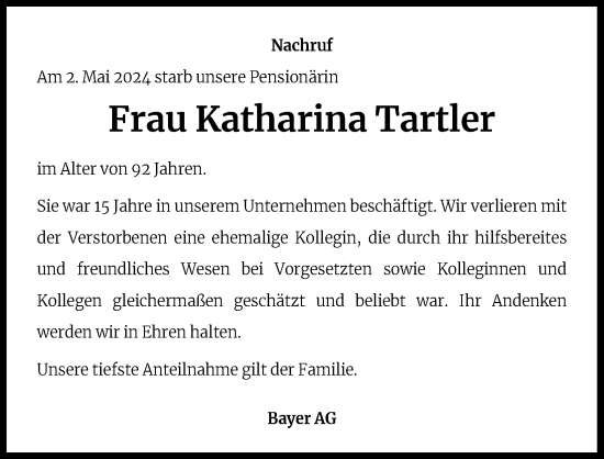 Anzeige von Katharina Tartler von Kölner Stadt-Anzeiger / Kölnische Rundschau / Express