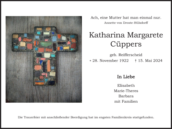 Anzeige von Katharina Margarete Cüppers von Kölner Stadt-Anzeiger / Kölnische Rundschau / Express