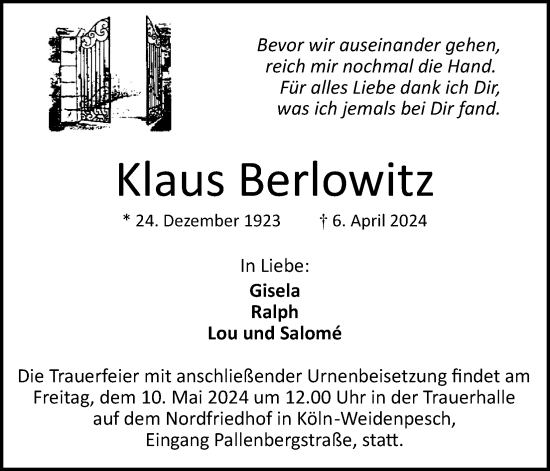 Anzeige von Klaus Berlowitz von Kölner Stadt-Anzeiger / Kölnische Rundschau / Express