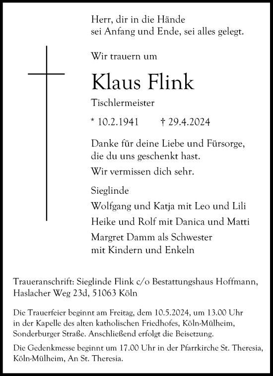 Anzeige von Klaus Flink von Kölner Stadt-Anzeiger / Kölnische Rundschau / Express