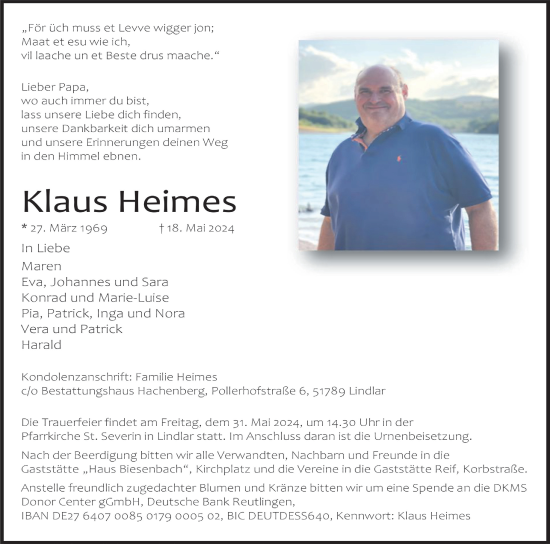 Anzeige von Klaus Heimes von  Anzeigen Echo 