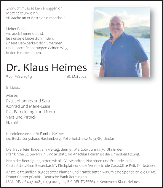 Anzeige von Klaus Heimes von Kölner Stadt-Anzeiger / Kölnische Rundschau / Express