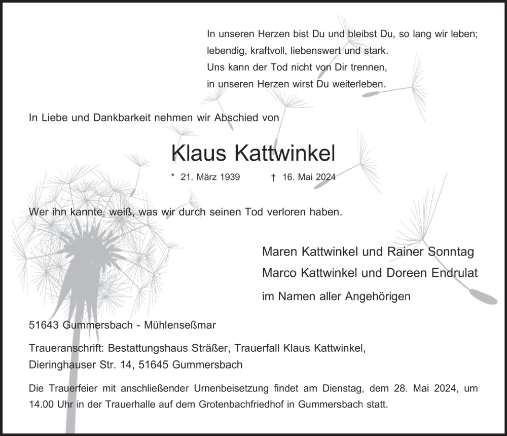  Traueranzeige für Klaus Kattwinkel vom 24.05.2024 aus  Anzeigen Echo 