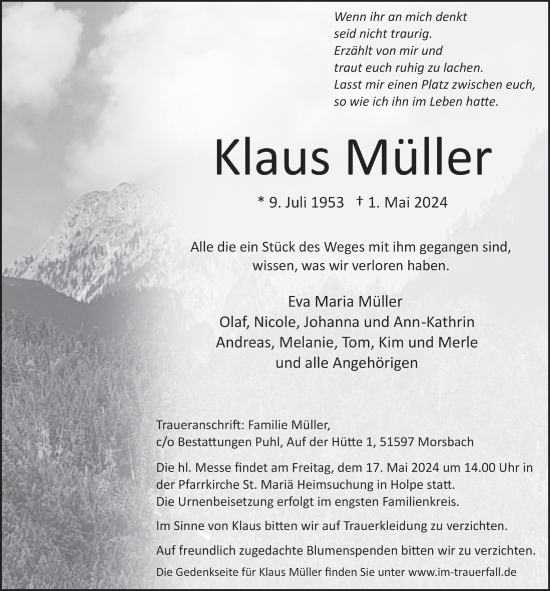 Anzeige von Klaus Müller von  Lokalanzeiger 