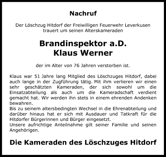 Anzeige von Klaus Werner von Kölner Stadt-Anzeiger / Kölnische Rundschau / Express