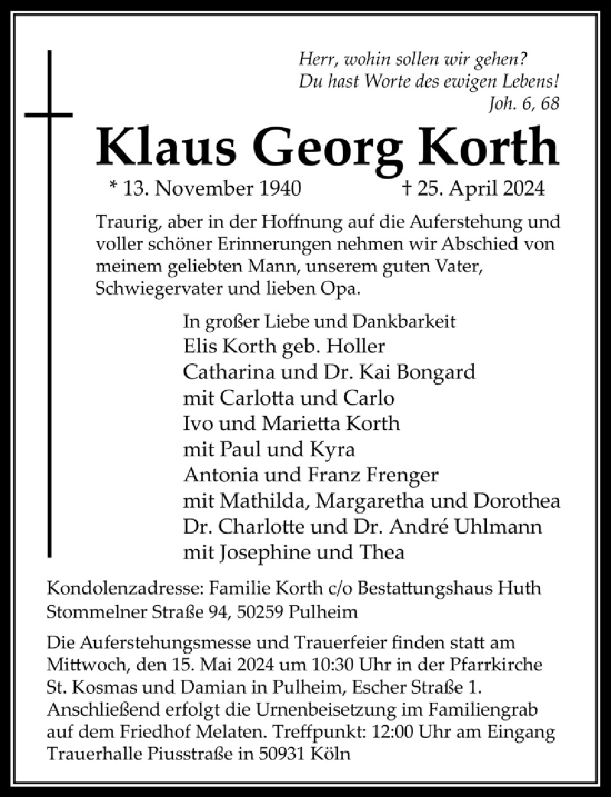 Anzeige von Klaus Georg Korth von  Wochenende 