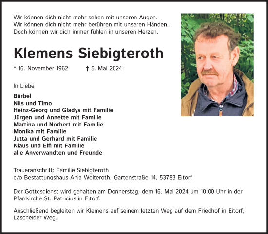 Anzeige von Klemens Siebigteroth von Kölner Stadt-Anzeiger / Kölnische Rundschau / Express
