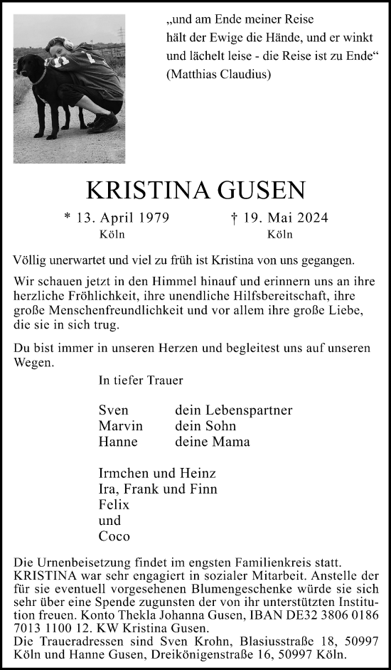 Anzeige von Kristina Gusen von Kölner Stadt-Anzeiger / Kölnische Rundschau / Express