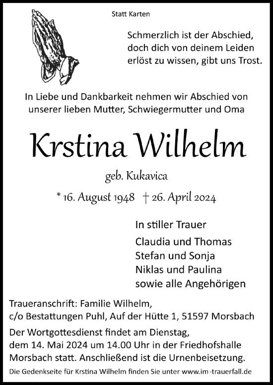 Anzeige von Kristina Wilhelm von  Lokalanzeiger 