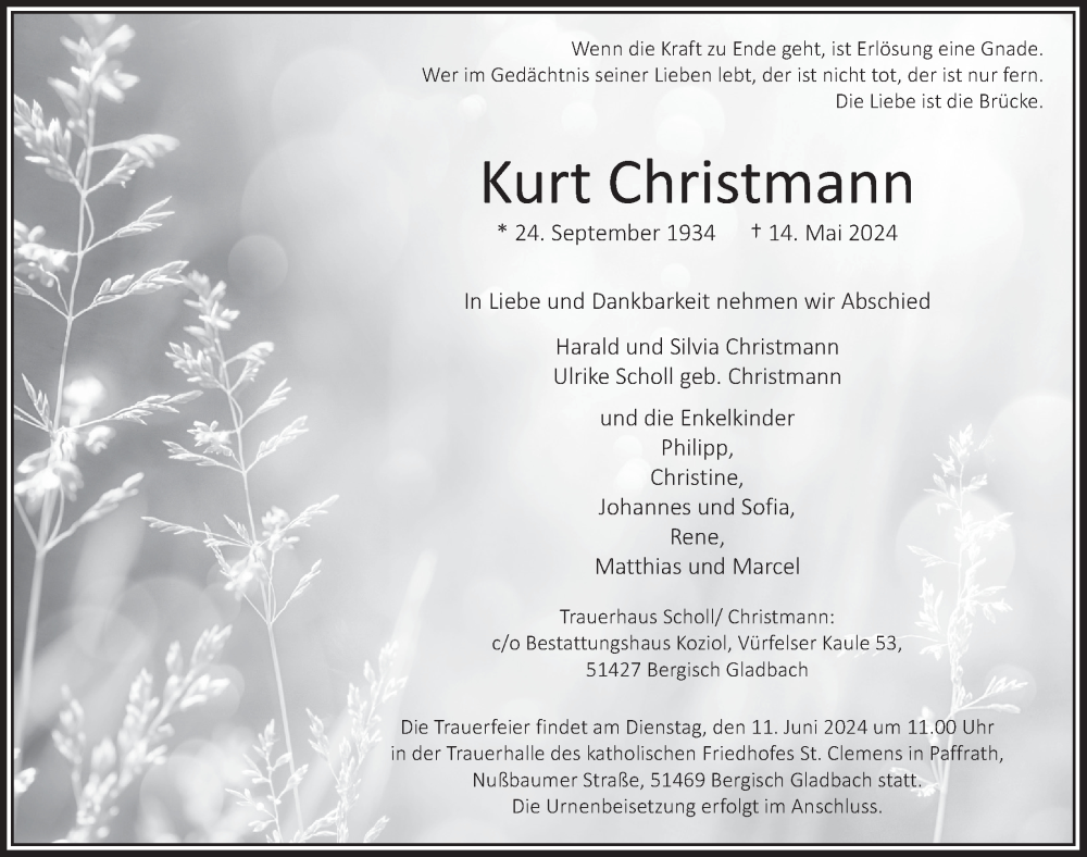 Traueranzeige für Kurt Christmann vom 24.05.2024 aus  Bergisches Handelsblatt 