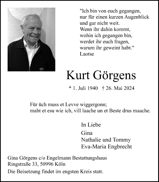 Anzeige von Kurt Görgens von Kölner Stadt-Anzeiger / Kölnische Rundschau / Express