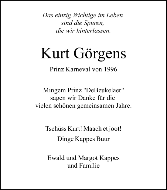 Anzeige von Kurt Görgens von Kölner Stadt-Anzeiger / Kölnische Rundschau / Express