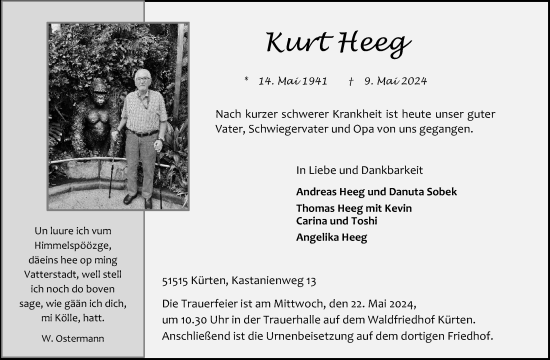 Anzeige von Kurt Heeg von Kölner Stadt-Anzeiger / Kölnische Rundschau / Express