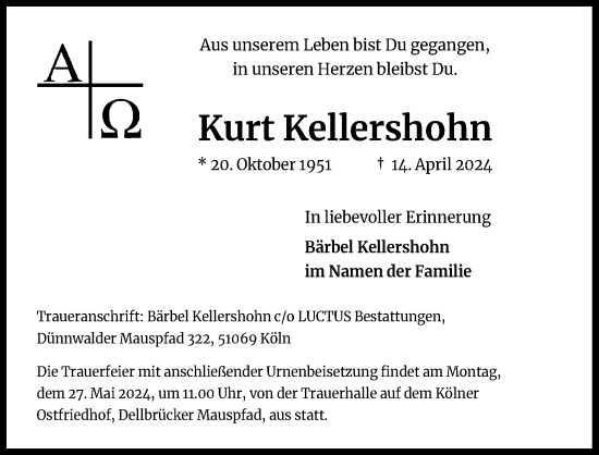 Anzeige von Kurt Kellershohn von Kölner Stadt-Anzeiger / Kölnische Rundschau / Express