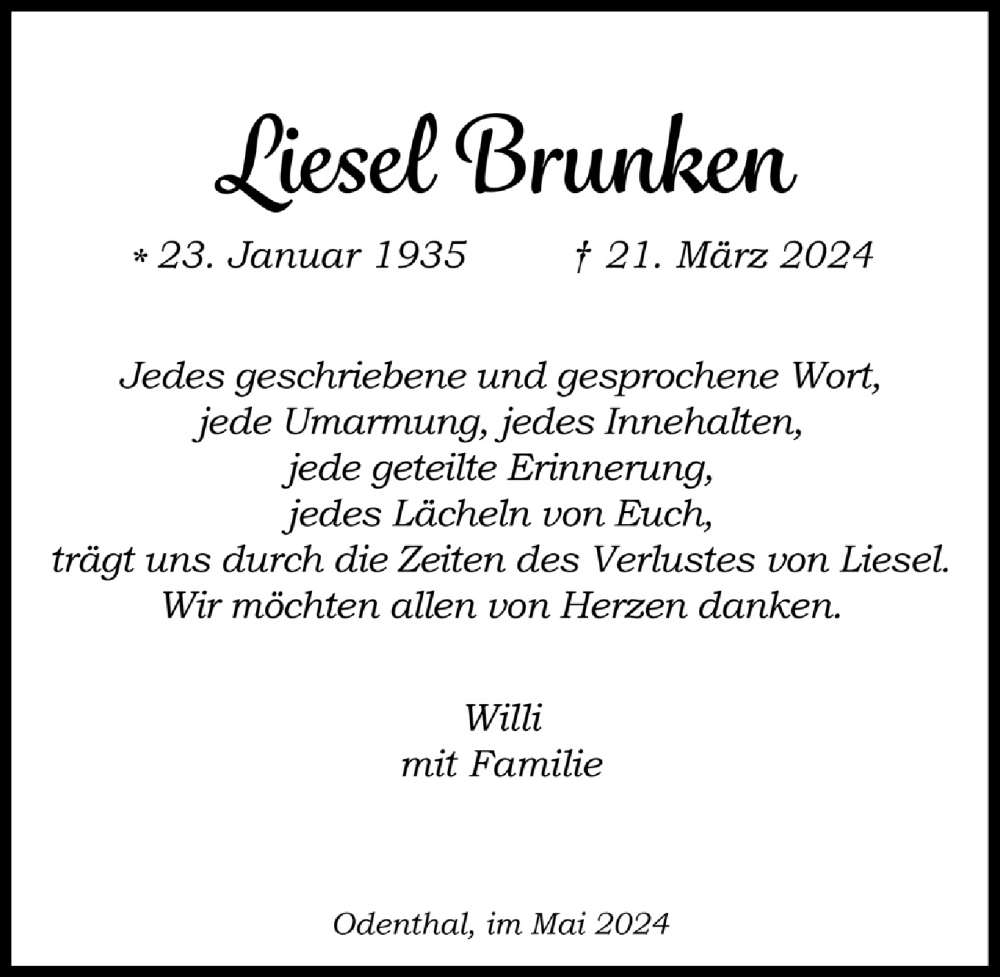  Traueranzeige für Liesel Brunken vom 03.05.2024 aus  Bergisches Handelsblatt 