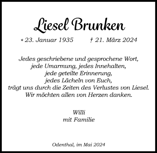 Anzeige von Liesel Brunken von  Bergisches Handelsblatt 