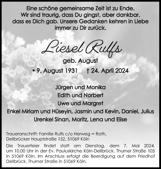 Anzeige von Liesel Rulfs von Kölner Stadt-Anzeiger / Kölnische Rundschau / Express