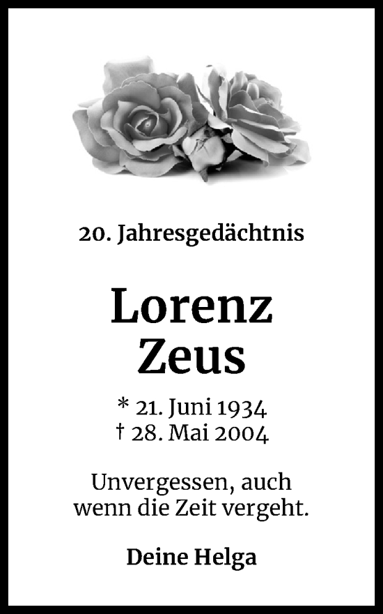 Anzeige von Lorenz Zeus von Kölner Stadt-Anzeiger / Kölnische Rundschau / Express