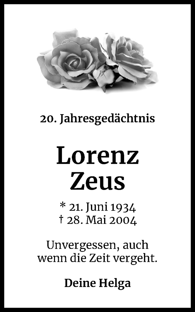  Traueranzeige für Lorenz Zeus vom 28.05.2024 aus Kölner Stadt-Anzeiger / Kölnische Rundschau / Express