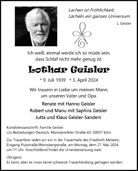 Anzeige von Lothar Geisler von Kölner Stadt-Anzeiger / Kölnische Rundschau / Express