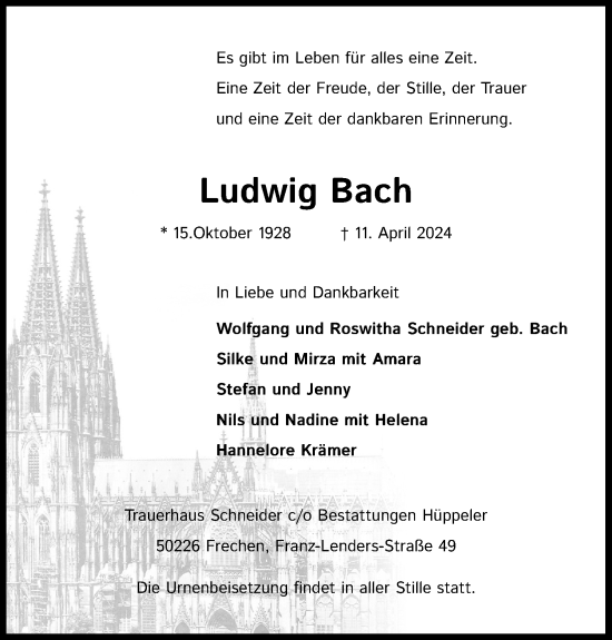 Anzeige von Ludwig Bach von Kölner Stadt-Anzeiger / Kölnische Rundschau / Express