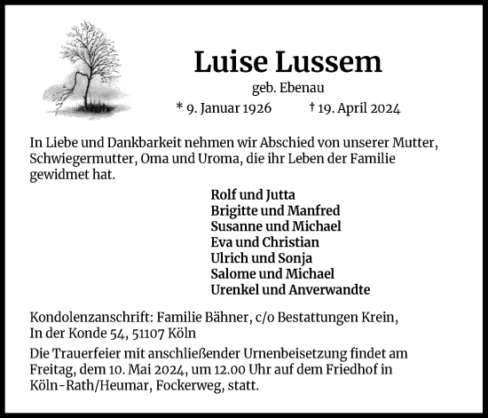Anzeige von Luise Lussem von Kölner Stadt-Anzeiger / Kölnische Rundschau / Express