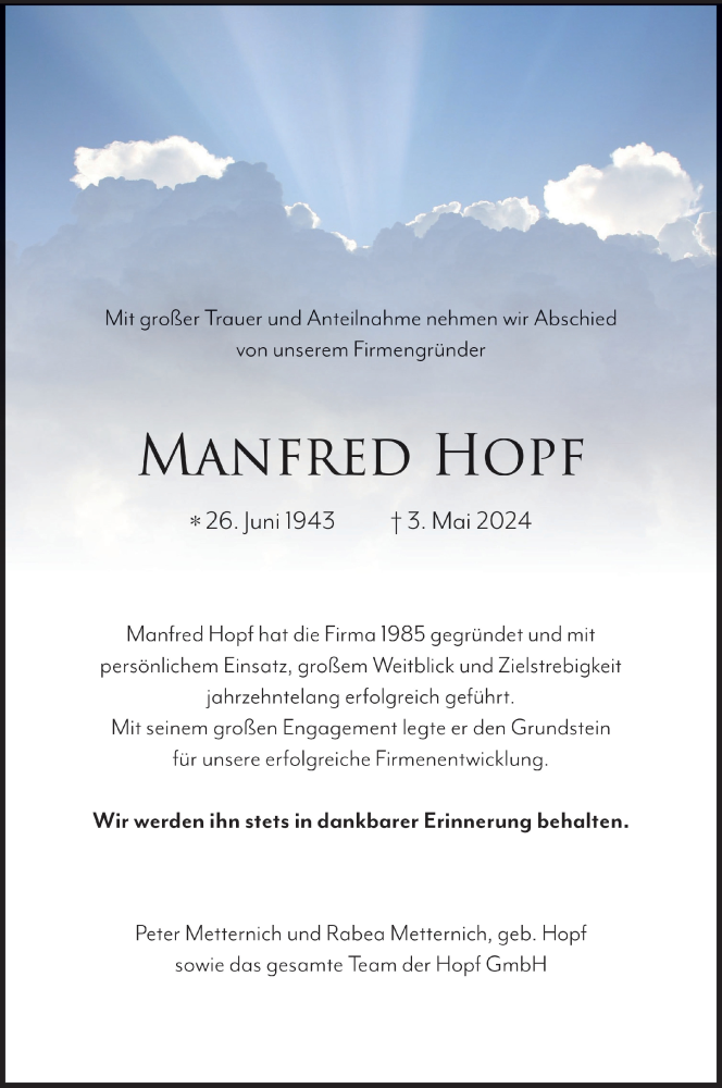  Traueranzeige für Manfred Hopf vom 17.05.2024 aus  Bergisches Handelsblatt 
