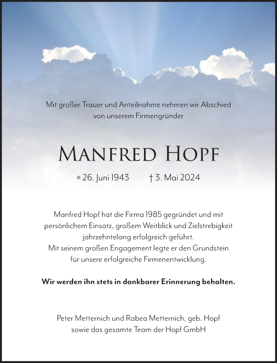 Anzeige von Manfred Hopf von Kölner Stadt-Anzeiger / Kölnische Rundschau / Express