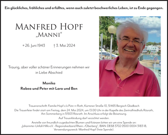 Anzeige von Manfred Hopf von  Bergisches Handelsblatt 