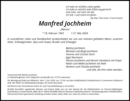 Anzeige von Manfred Jochheim von Kölner Stadt-Anzeiger / Kölnische Rundschau / Express