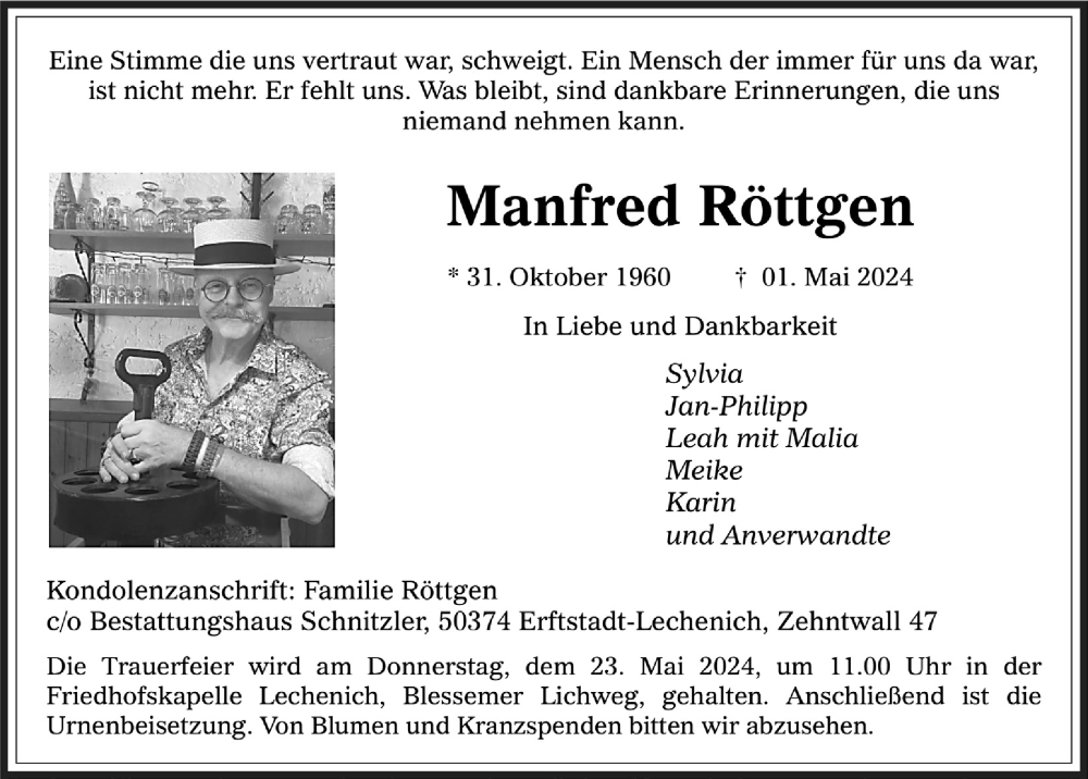  Traueranzeige für Manfred Röttgen vom 10.05.2024 aus  Werbepost 