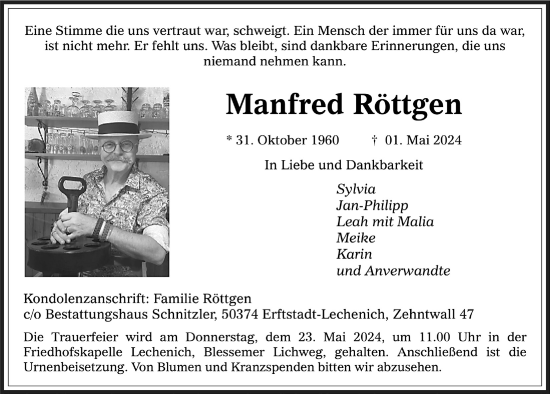 Anzeige von Manfred Röttgen von  Werbepost 