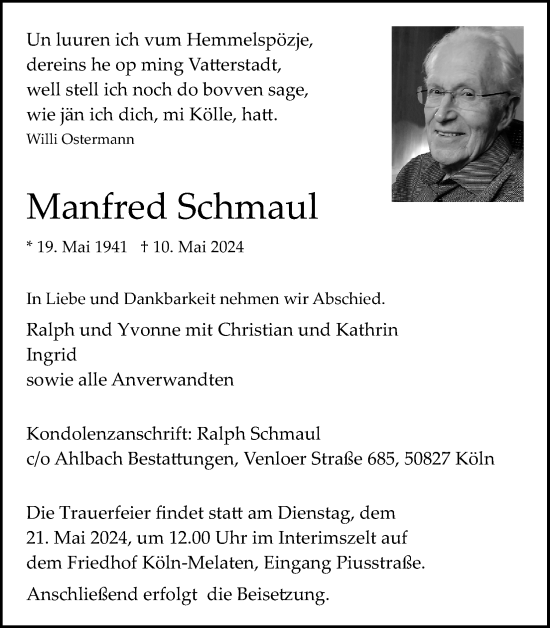 Anzeige von Manfred Schmaul von Kölner Stadt-Anzeiger / Kölnische Rundschau / Express