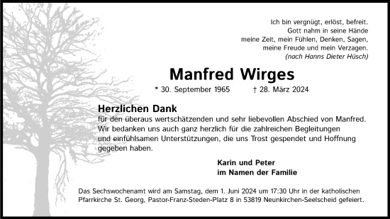 Anzeige von Manfred Wirges von Kölner Stadt-Anzeiger / Kölnische Rundschau / Express