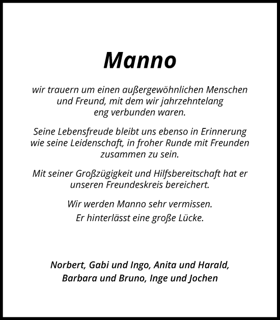 Anzeige von Manno  von Kölner Stadt-Anzeiger / Kölnische Rundschau / Express