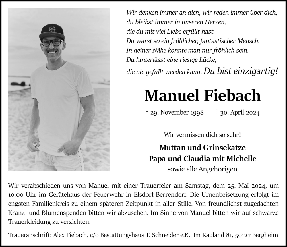  Traueranzeige für Manuel Fiebach vom 10.05.2024 aus  Werbepost 
