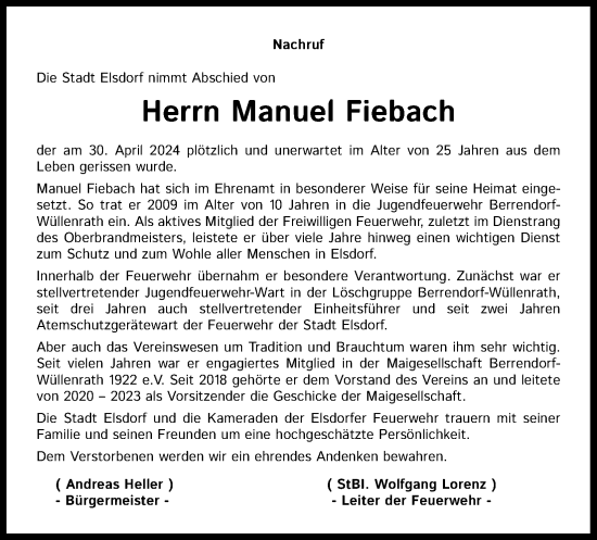 Anzeige von Manuel Fiebach von Kölner Stadt-Anzeiger / Kölnische Rundschau / Express