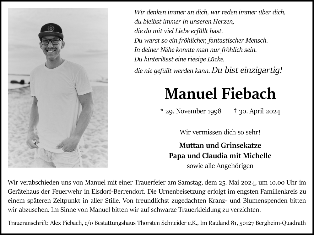  Traueranzeige für Manuel Fiebach vom 11.05.2024 aus Kölner Stadt-Anzeiger / Kölnische Rundschau / Express