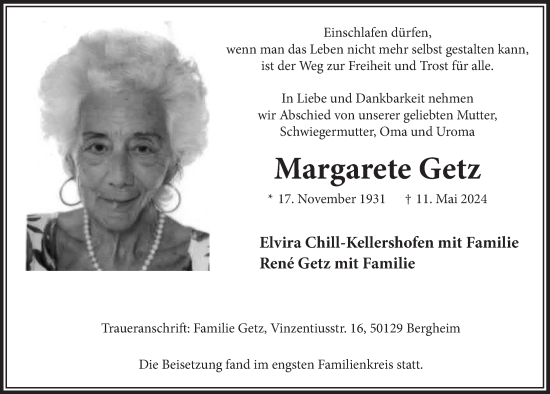 Anzeige von Margarete Getz von  Werbepost 