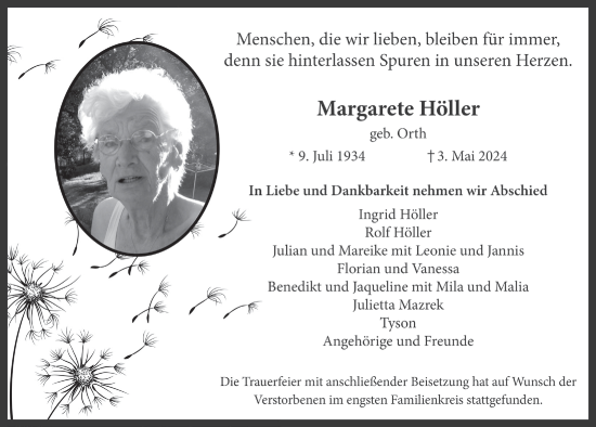 Anzeige von Margarete Höller von  Bergisches Handelsblatt 