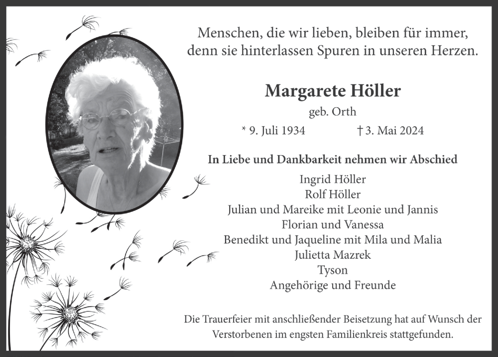  Traueranzeige für Margarete Höller vom 24.05.2024 aus  Bergisches Handelsblatt 