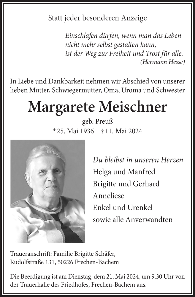  Traueranzeige für Margarete Meischner vom 17.05.2024 aus  Wochenende 