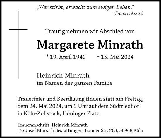 Anzeige von Margarete Minrath von Kölner Stadt-Anzeiger / Kölnische Rundschau / Express