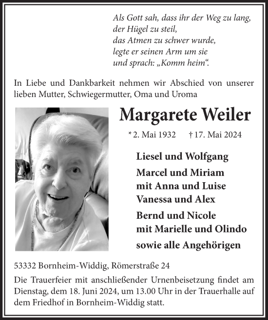 Anzeige von Margarete Weiler von  Schaufenster/Blickpunkt 