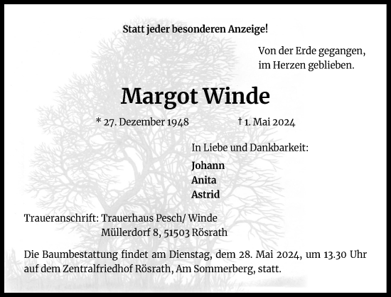 Anzeige von Margot Winde von Kölner Stadt-Anzeiger / Kölnische Rundschau / Express
