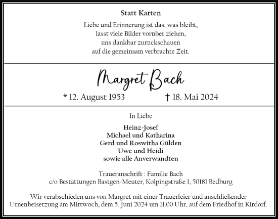 Anzeige von Margret Bach von  Werbepost 