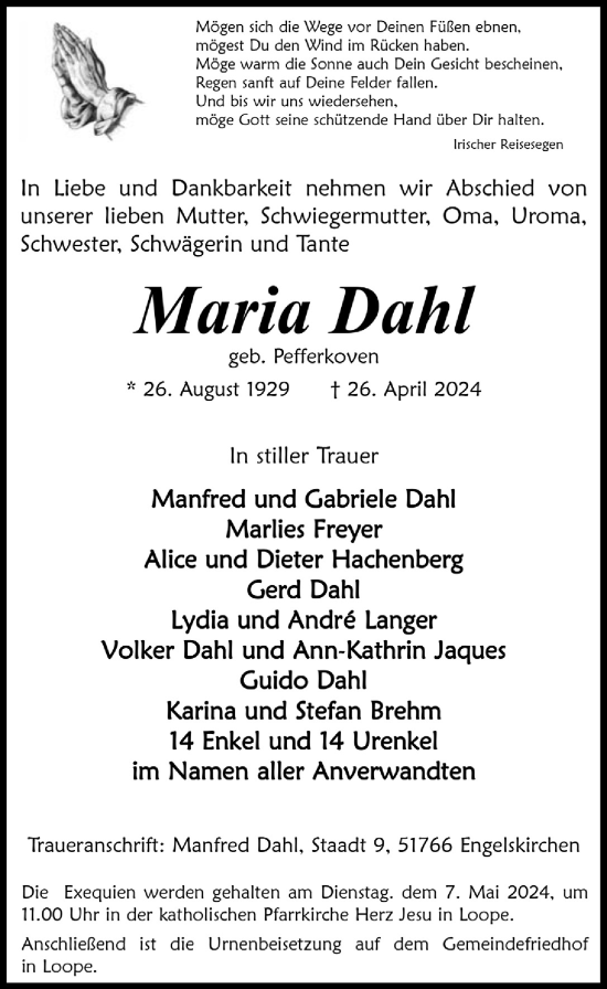 Anzeige von Maria Dahl von  Anzeigen Echo 