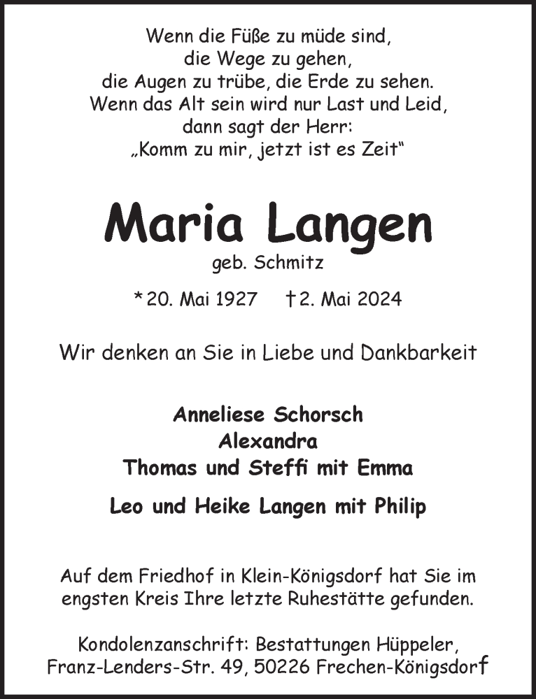  Traueranzeige für Maria Langen vom 17.05.2024 aus  Wochenende 